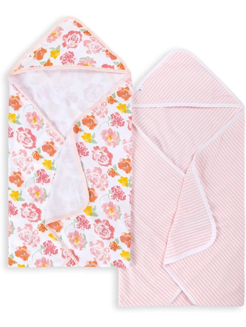2 Burt’s Bees Baby Organic Cotton Hooded Towels Bath Wrap Bundle Pink Floral